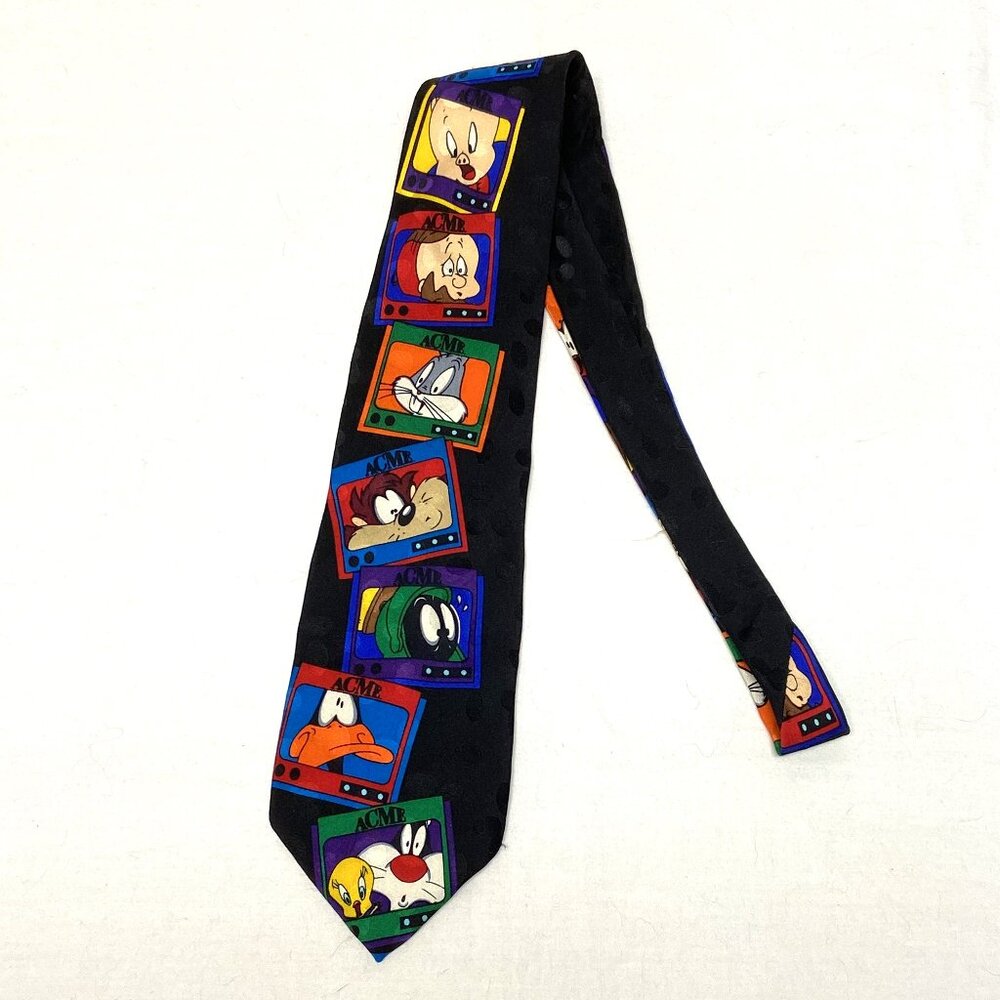Vintage 1993 Looney Tunes Mania 100% Silk Tie Warner Bros Character Faces
